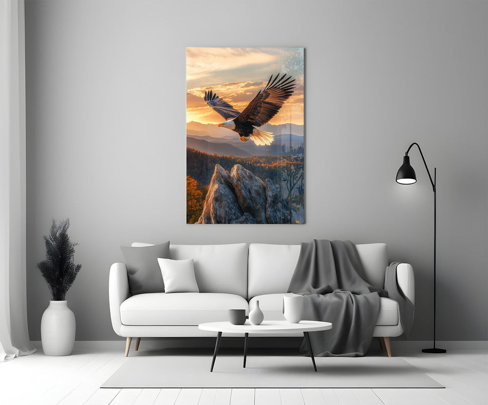 a bald eagle over autumn mountains at sunset panel bringing character to a minimalist living room wall
