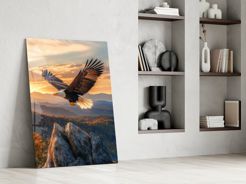 a bald eagle over autumn mountains at sunset panel resting in a shelving niche in a modern interior