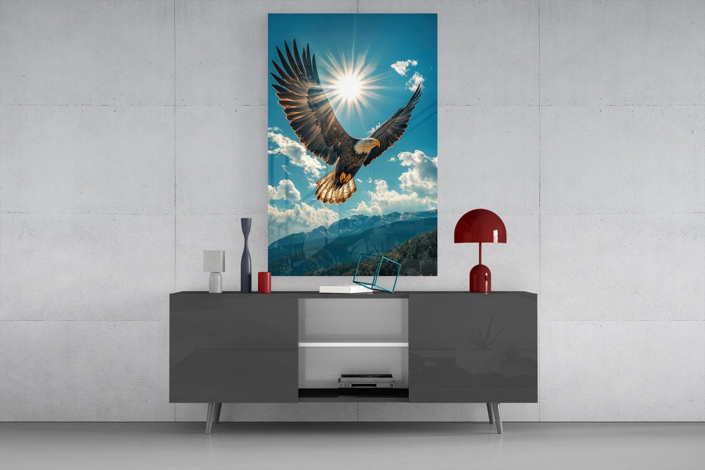 a bald eagle before a bright sunburst glass wall art styled in an atmospheric room setting