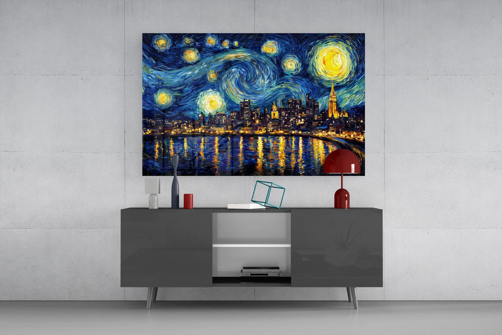 a swirling starry night over a city skyline glass wall art styled in an atmospheric room setting