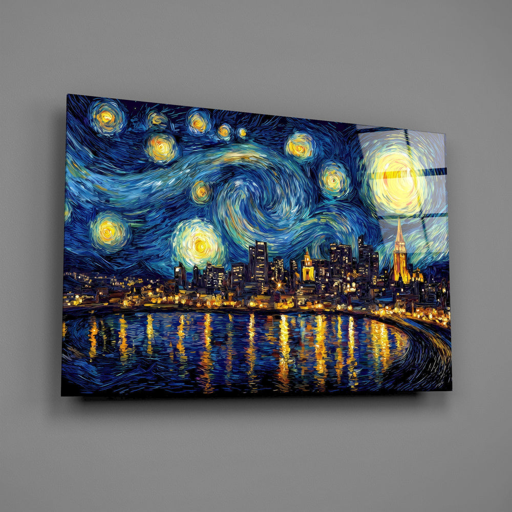 a swirling starry night over a city skyline glass wall art angled to show the polished tempered glass panel