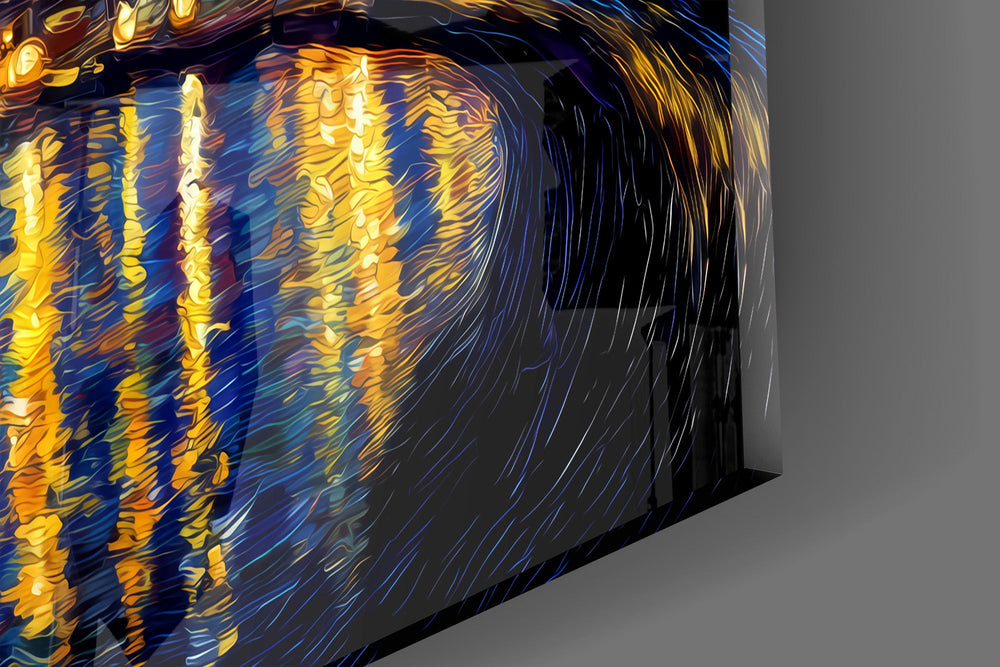 Close-up detail of the spiralling stars and the glowing waterfront reflections on the glass surface