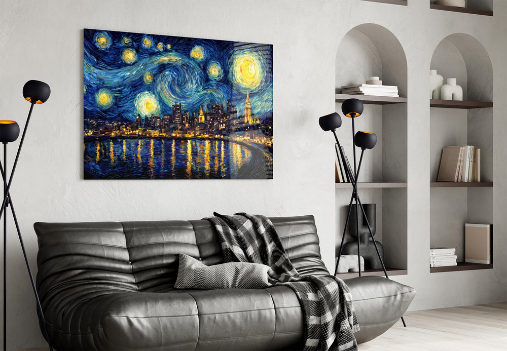 a swirling starry night over a city skyline glass wall art styled above an armchair in a reading corner