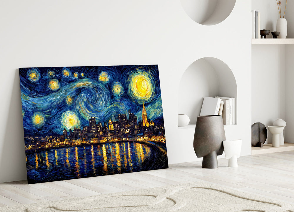 a swirling starry night over a city skyline panel bringing character to a minimalist living room wall