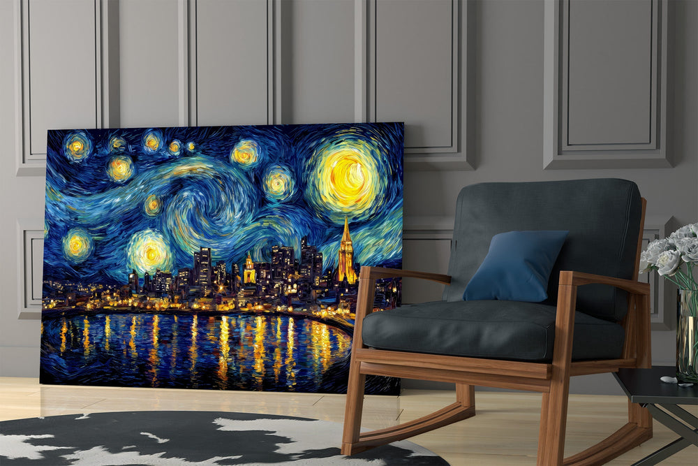 a swirling starry night over a city skyline panel resting in a shelving niche in a modern interior