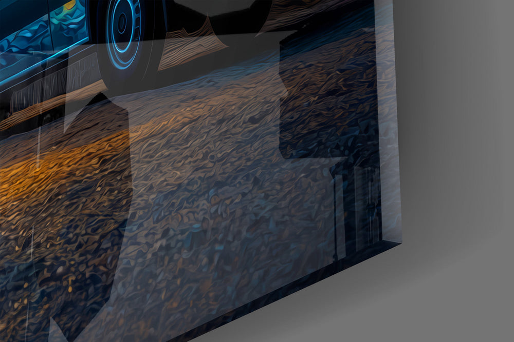 Close-up detail of the swirling cobalt sky and the warm glow of the van windows on the glass surface