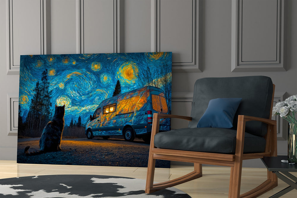 a cat watching a camper van under a swirling starry sky panel resting in a shelving niche in a modern interior