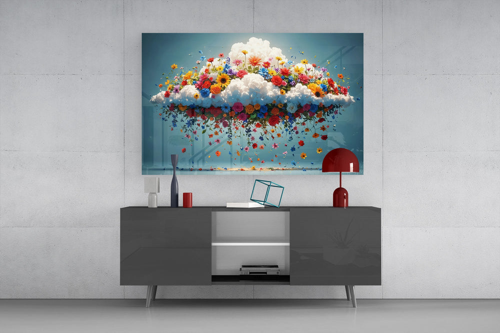 a white cloud bursting with colorful wildflowers glass wall art styled in an atmospheric room setting