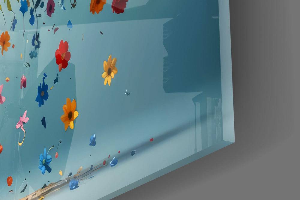 Close-up detail of the falling petals and sunflowers spilling from the cloud on the glass surface