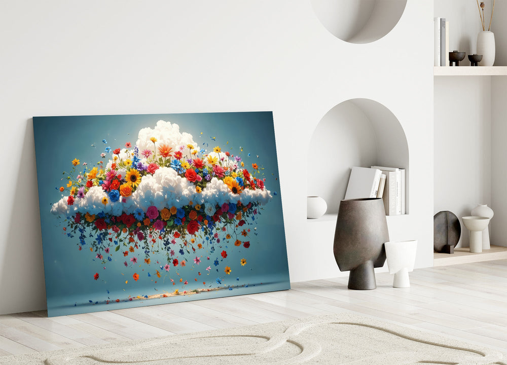 a white cloud bursting with colorful wildflowers panel bringing character to a minimalist living room wall