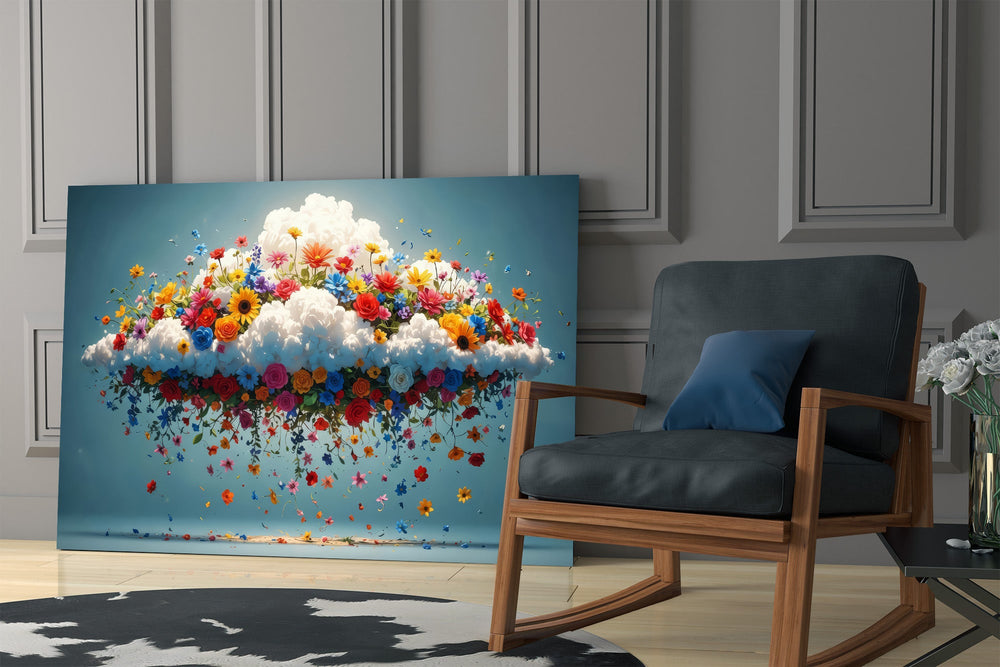 a white cloud bursting with colorful wildflowers panel resting in a shelving niche in a modern interior