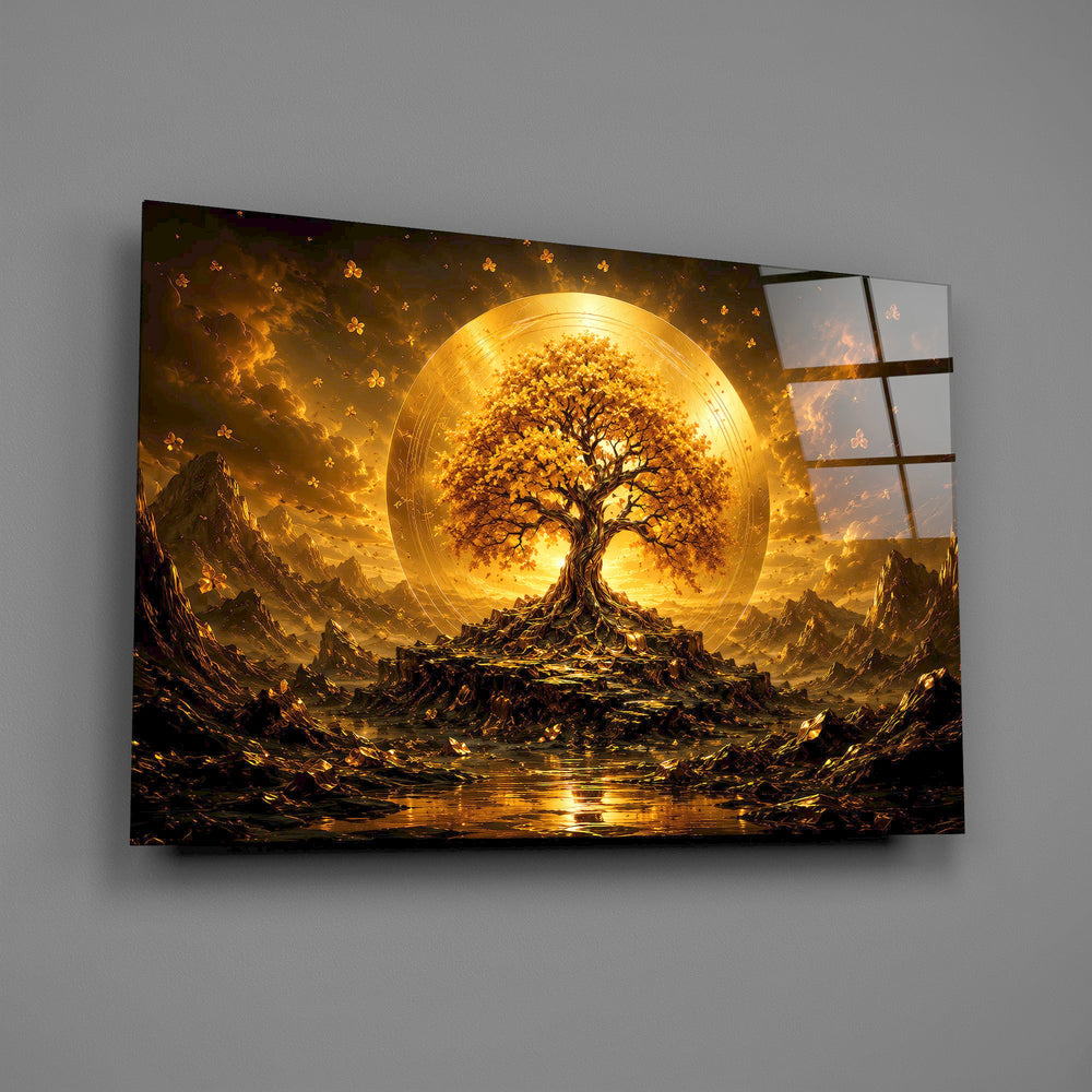 a golden tree of life before a radiant sun disc glass wall art angled to show the polished tempered glass panel