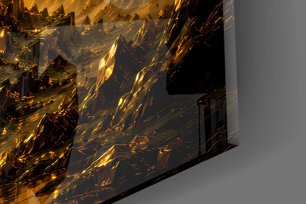 Close-up detail of the gilded canopy and the glowing golden horizon on the glass surface