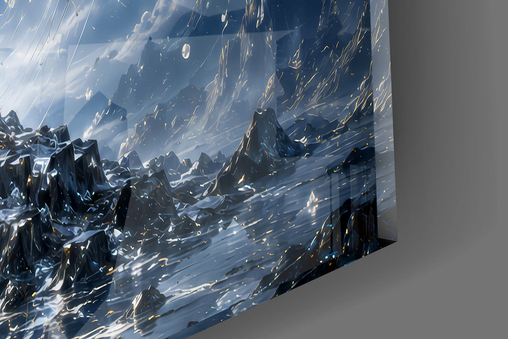 Close-up detail of the moonlit white canopy and the icy blue rocks on the glass surface