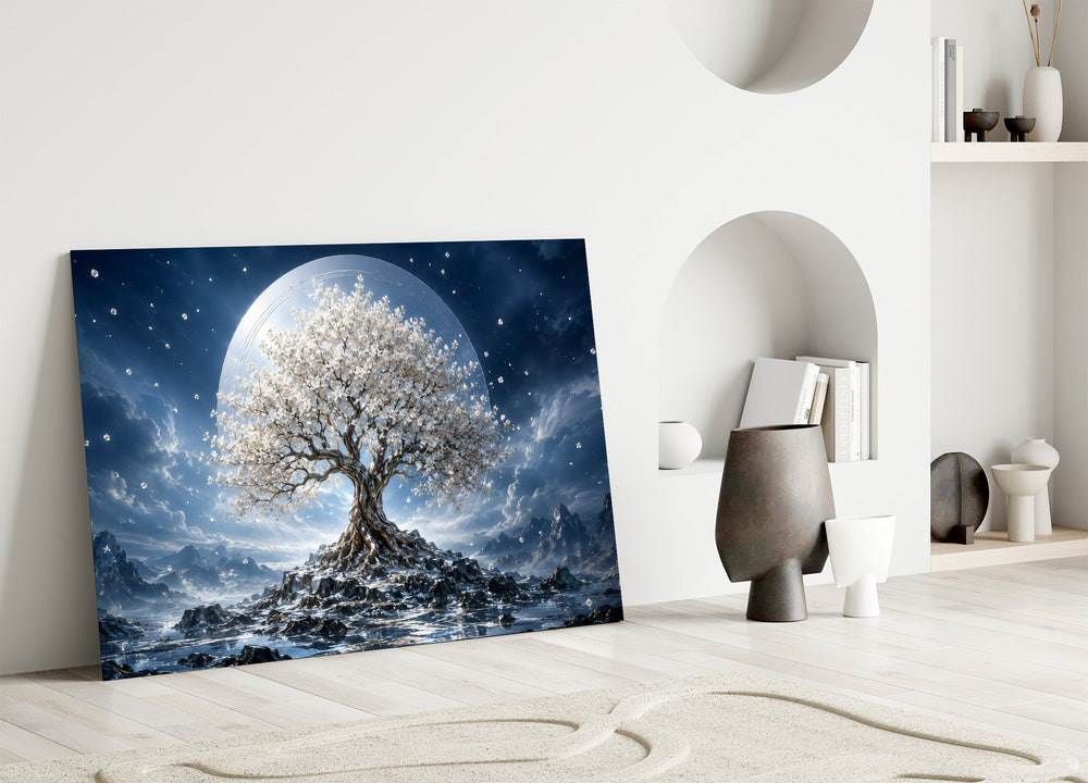 a white blossom tree beneath a full moon panel bringing character to a minimalist living room wall