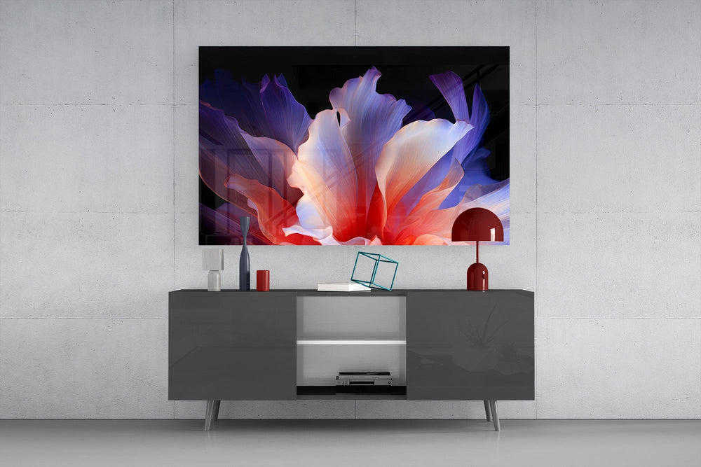an abstract flower with translucent petals glass wall art styled in an atmospheric room setting