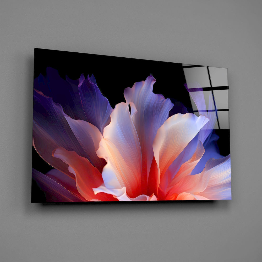 an abstract flower with translucent petals glass wall art angled to show the polished tempered glass panel