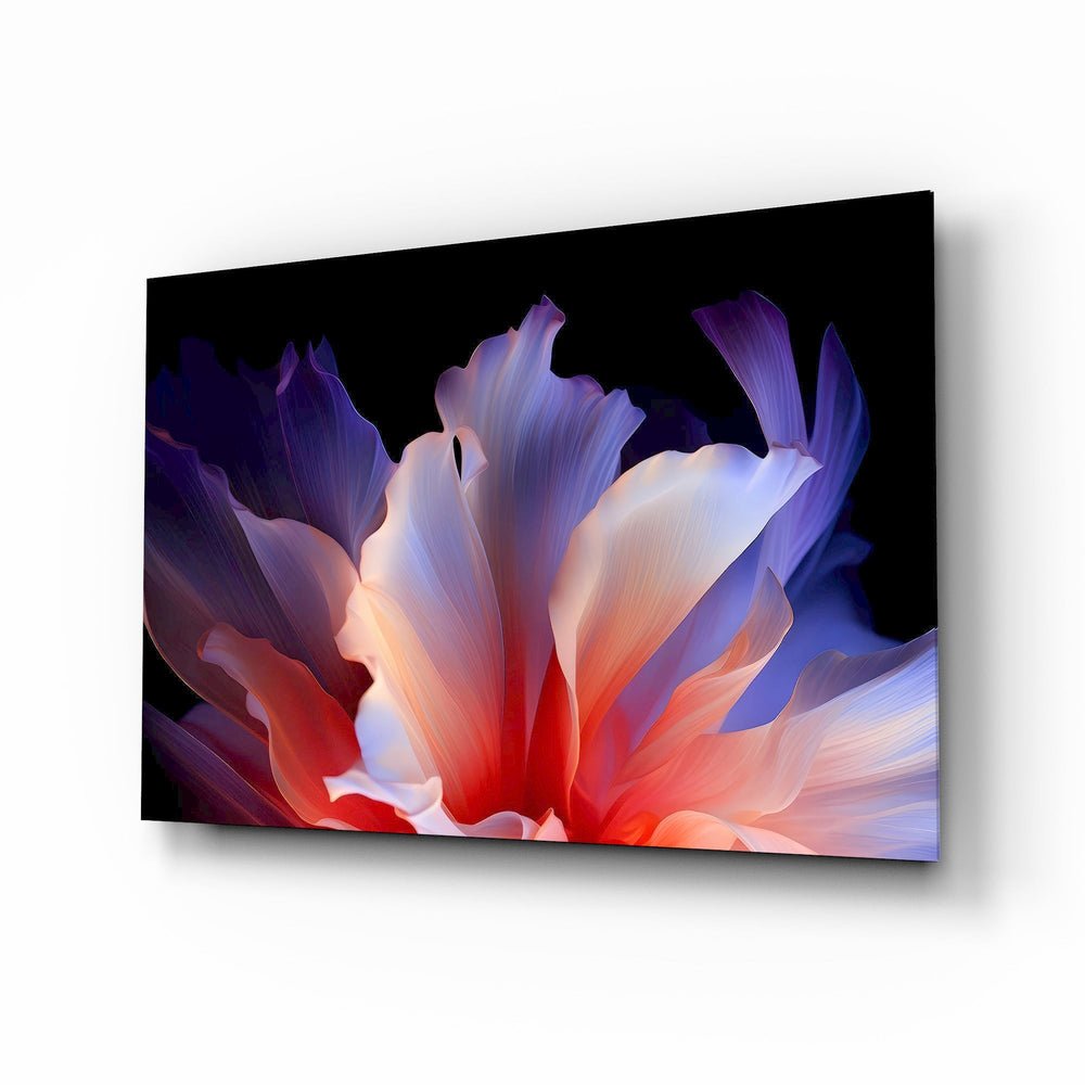 Abstract Petal Bloom Purple and Coral Glass Wall Art - Lifestyle preview in a designer interior