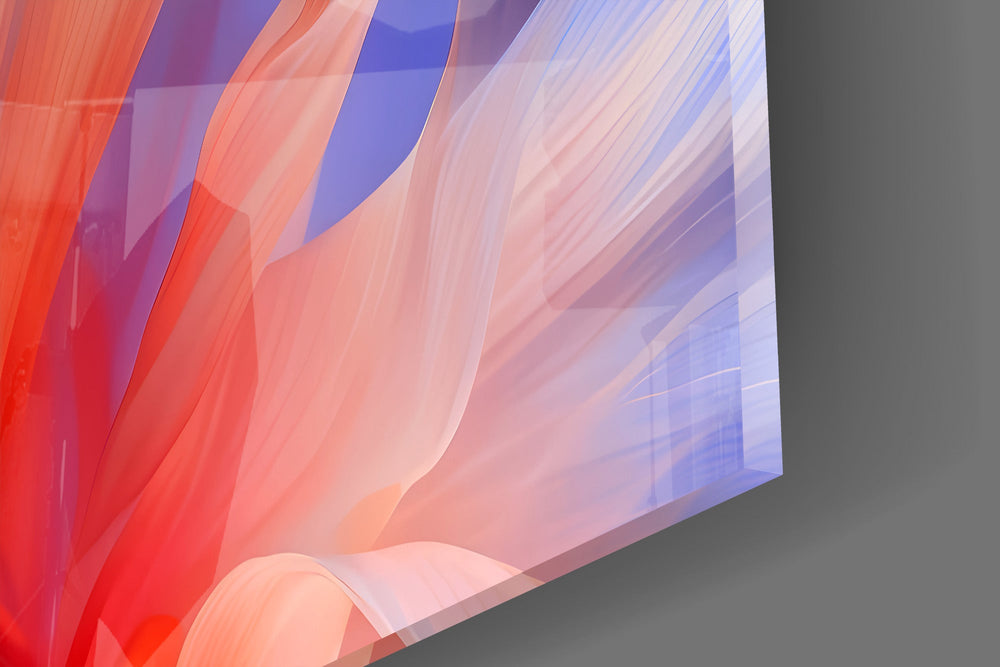 Close-up detail of the layered violet and coral translucent petals on the glass surface