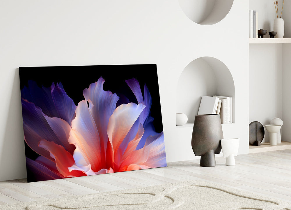 an abstract flower with translucent petals panel bringing character to a minimalist living room wall