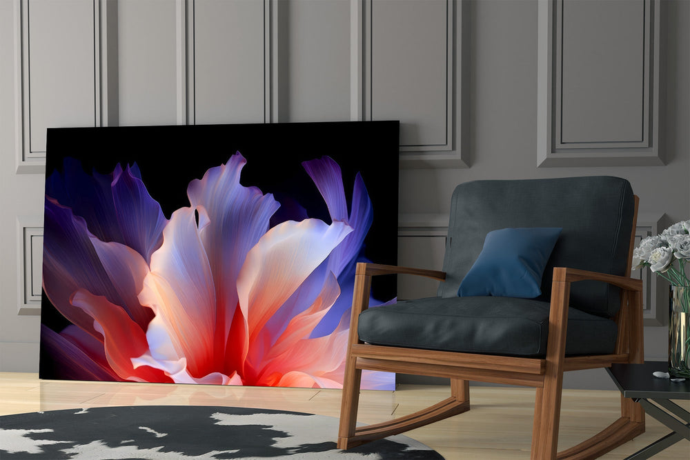 an abstract flower with translucent petals panel resting in a shelving niche in a modern interior