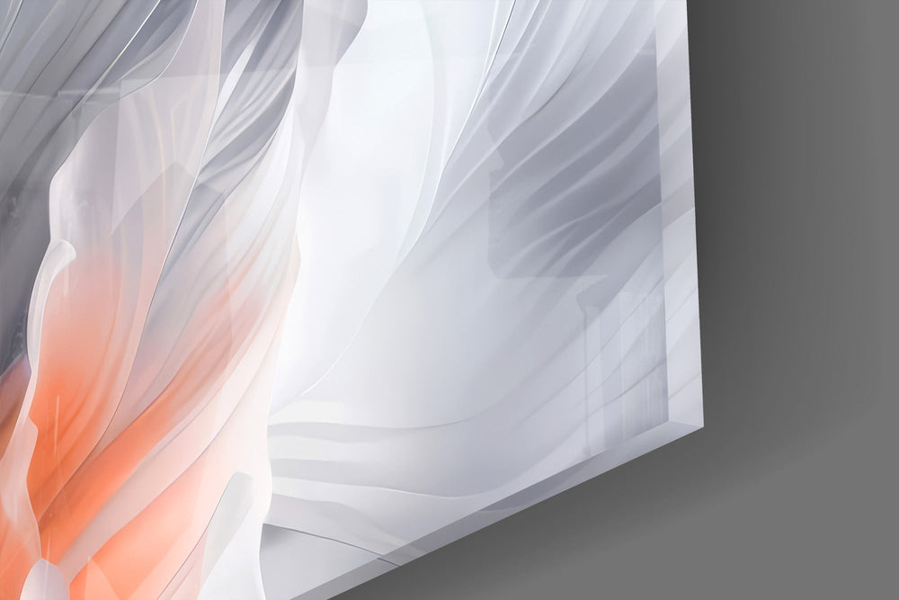 Close-up detail of the silvery white petals and warm coral heart on the glass surface