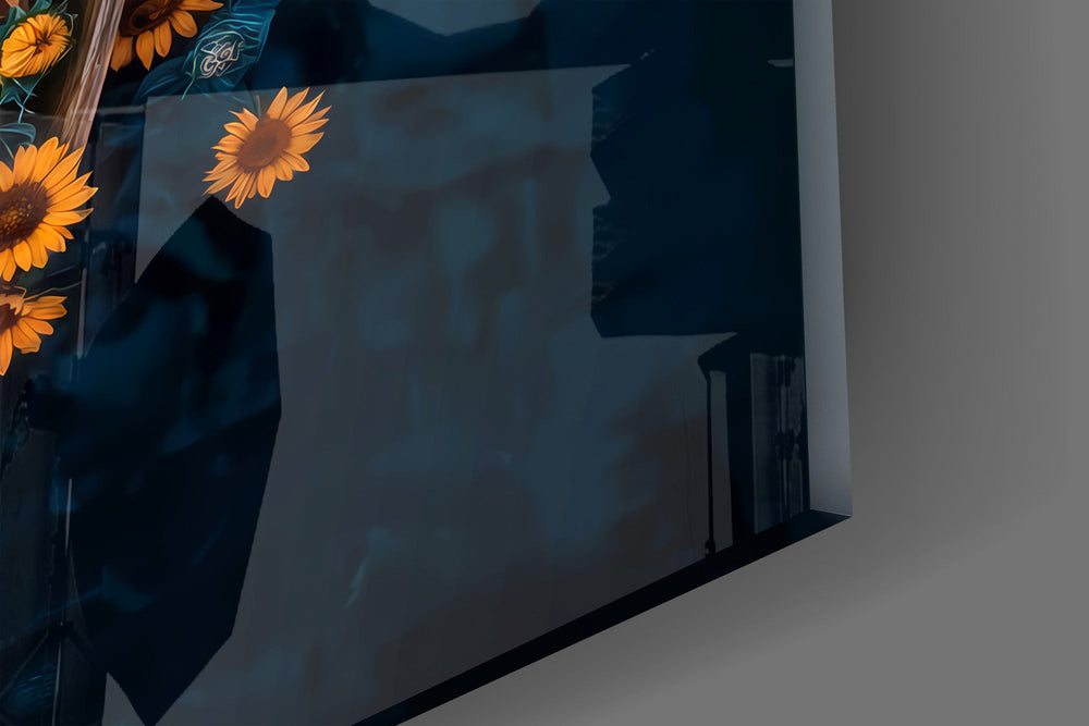 Close-up detail of the sunflowers spilling over the boat's wooden ribs on the glass surface