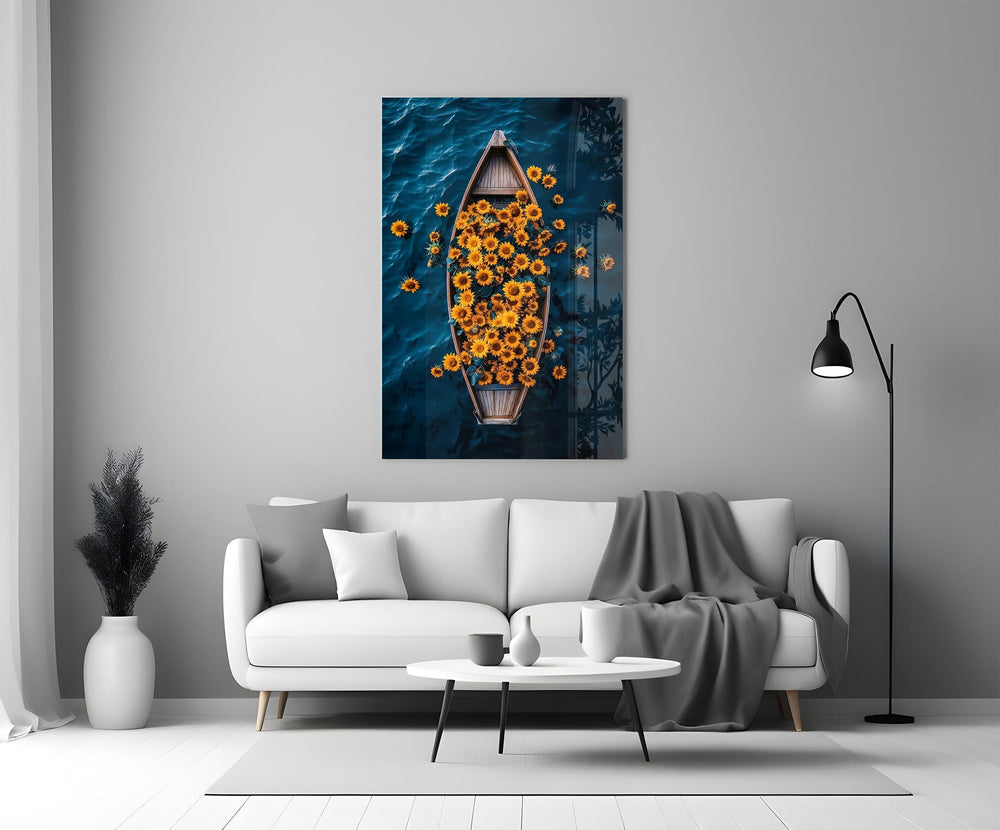 a wooden rowboat full of sunflowers on dark water panel bringing character to a minimalist living room wall