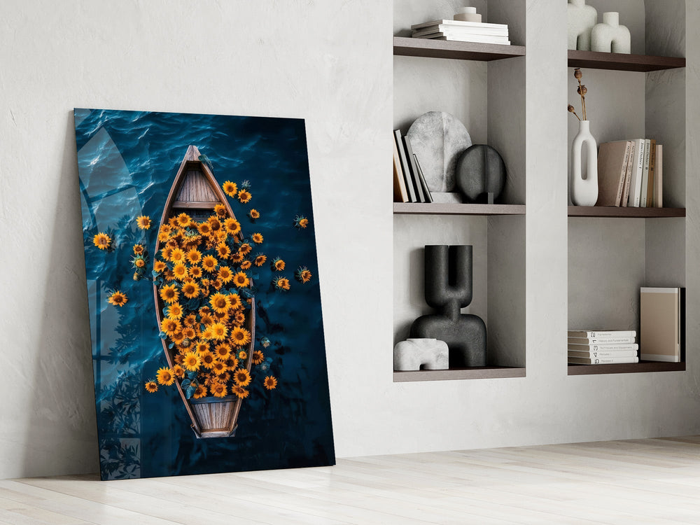 a wooden rowboat full of sunflowers on dark water panel resting in a shelving niche in a modern interior