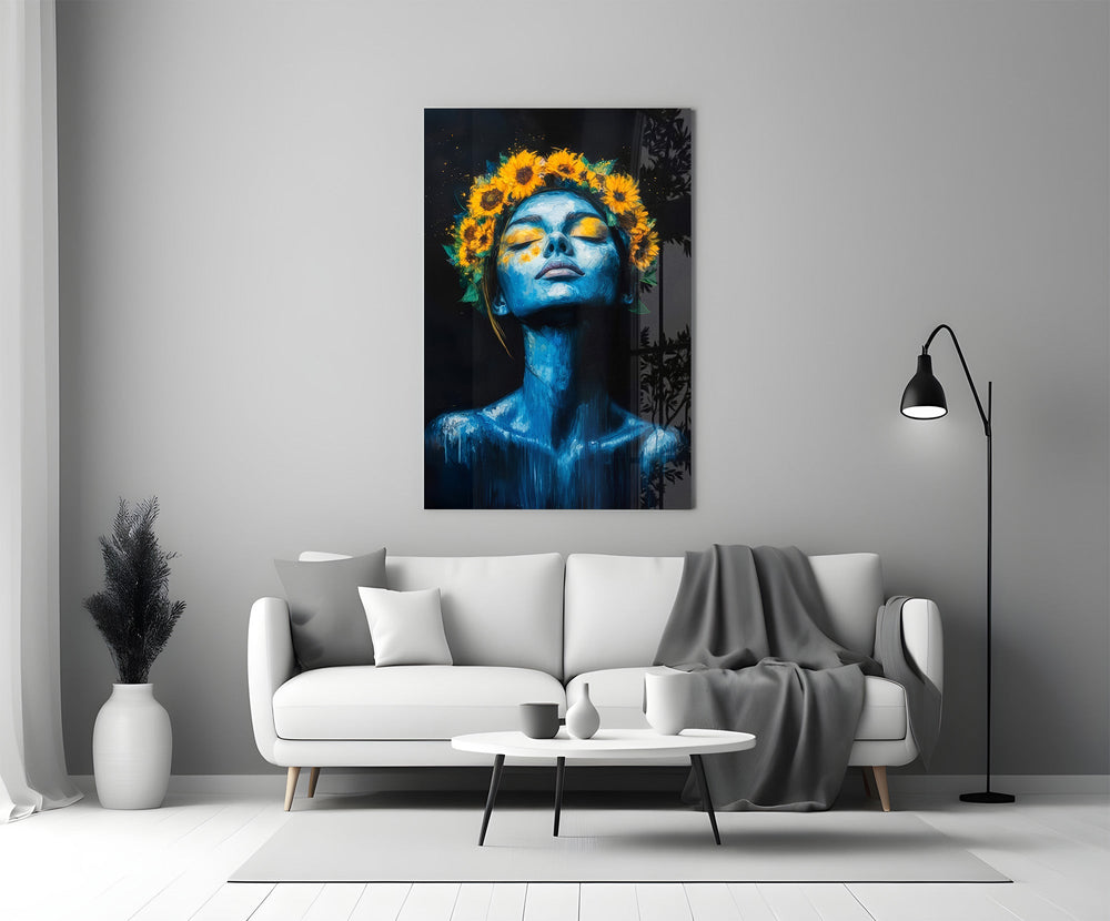 a blue-skinned woman crowned with sunflowers panel bringing character to a minimalist living room wall