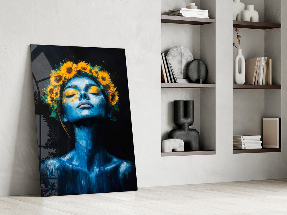 a blue-skinned woman crowned with sunflowers panel resting in a shelving niche in a modern interior