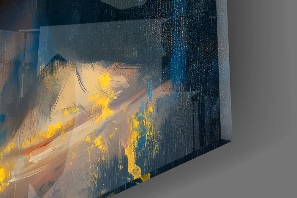 Close-up detail of the blue blindfold and paint running down the chin on the glass surface