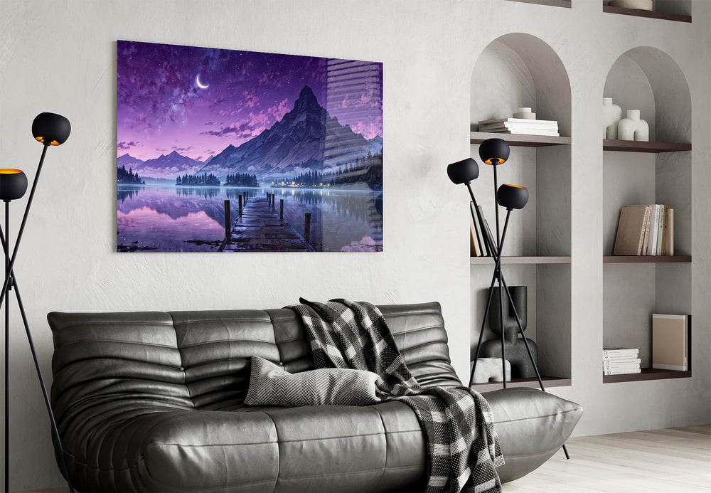 a wooden dock reaching into a purple twilight lake glass wall art styled above an armchair in a reading corner