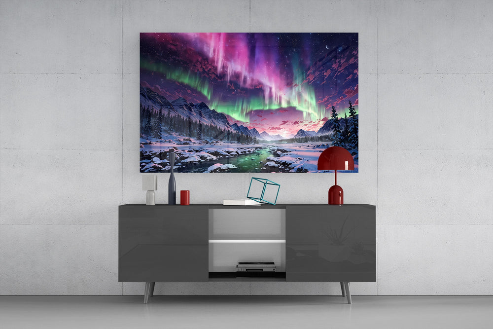 northern lights over a snowy mountain valley glass wall art styled in an atmospheric room setting