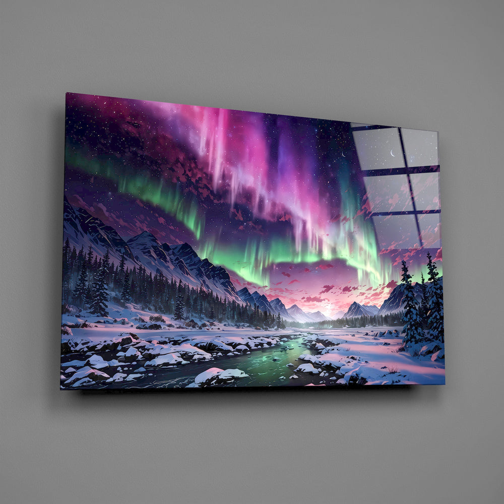 northern lights over a snowy mountain valley glass wall art angled to show the polished tempered glass panel