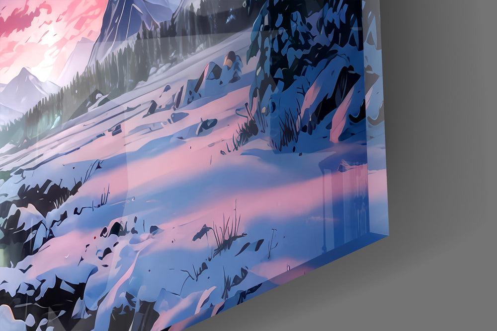 Close-up detail of the pink and green aurora streaming above the peaks on the glass surface