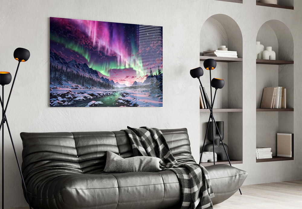northern lights over a snowy mountain valley glass wall art styled above an armchair in a reading corner