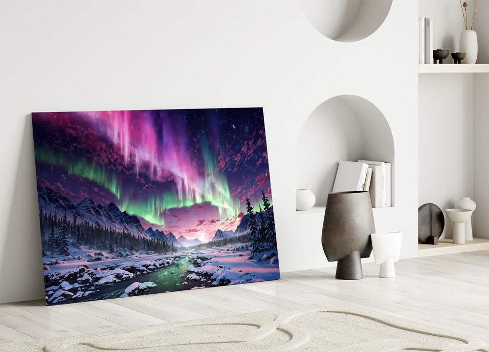 northern lights over a snowy mountain valley panel bringing character to a minimalist living room wall