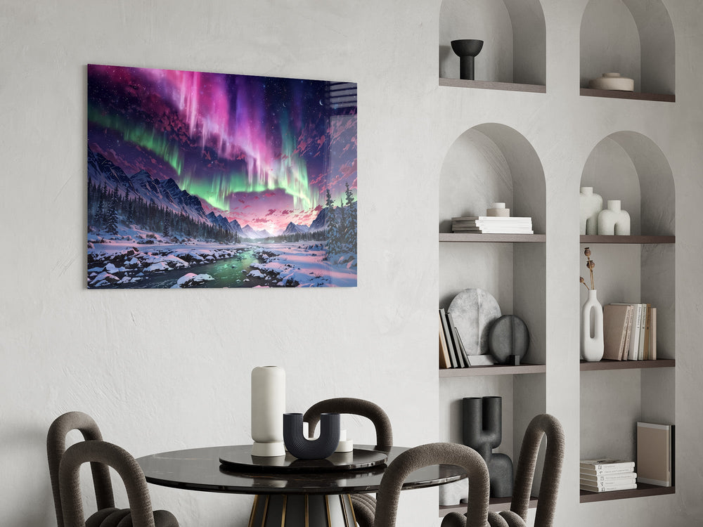 northern lights over a snowy mountain valley glass wall art leaning beside a dark leather sofa