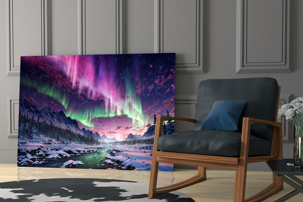 northern lights over a snowy mountain valley panel resting in a shelving niche in a modern interior
