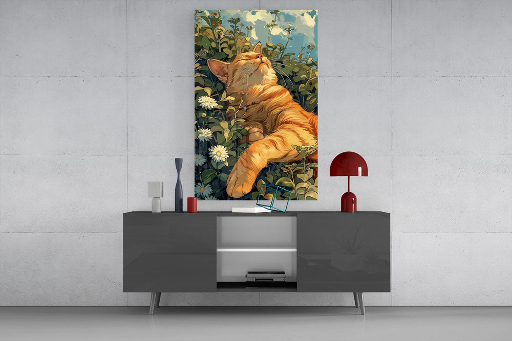 a ginger cat basking in a wildflower meadow glass wall art styled in an atmospheric room setting