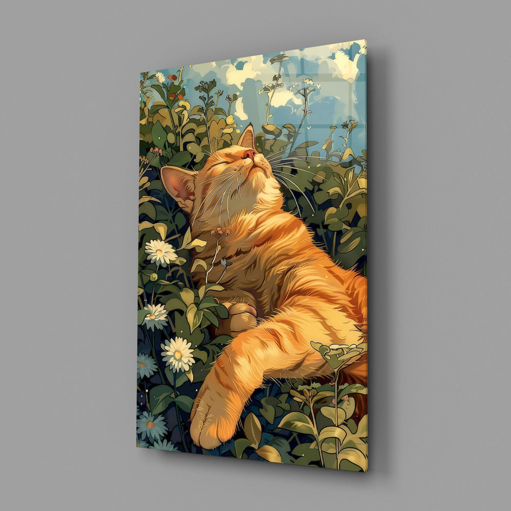 a ginger cat basking in a wildflower meadow glass wall art angled to show the polished tempered glass panel