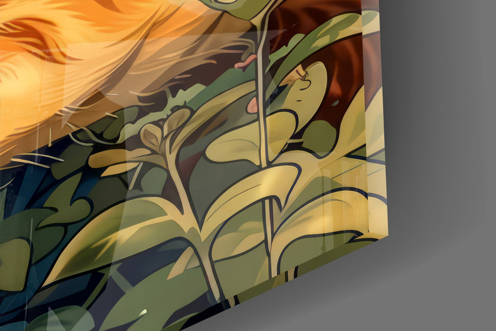 Close-up detail of the tabby's upturned face among daisies and leaves on the glass surface