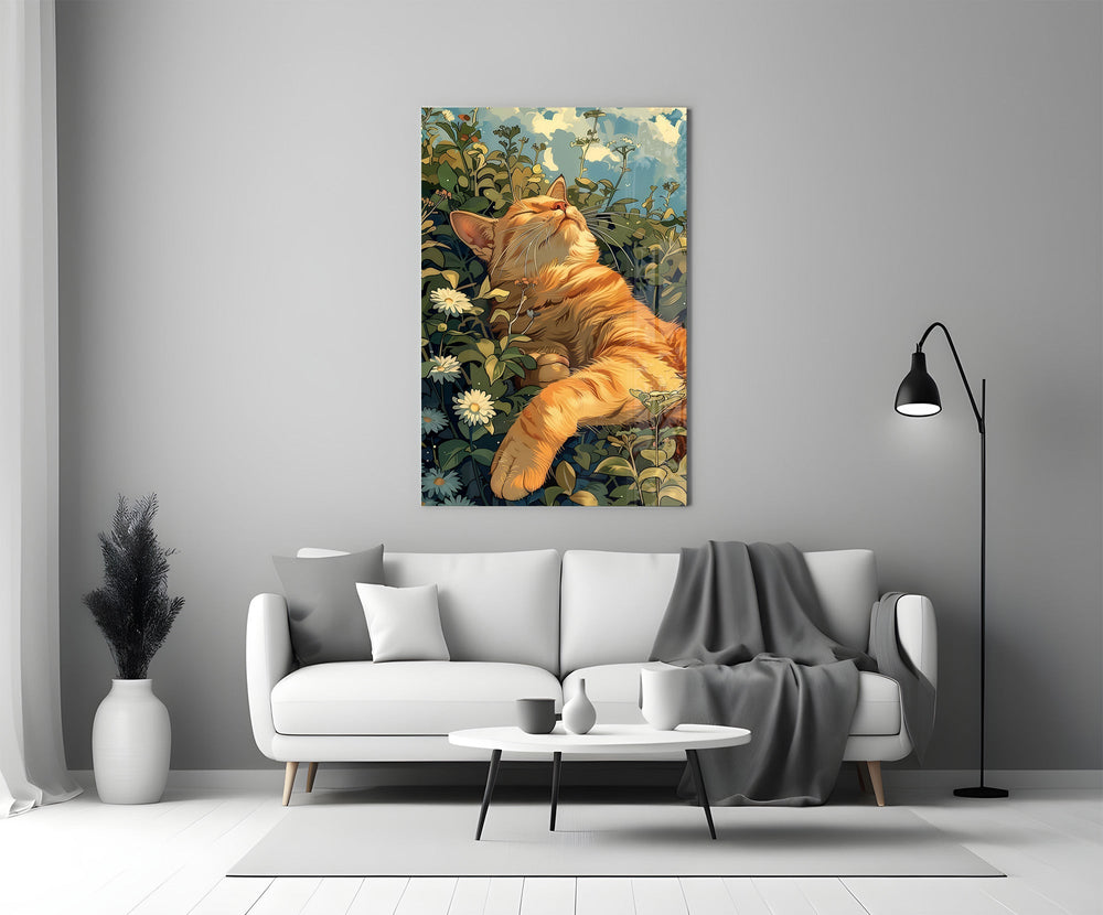 a ginger cat basking in a wildflower meadow panel bringing character to a minimalist living room wall