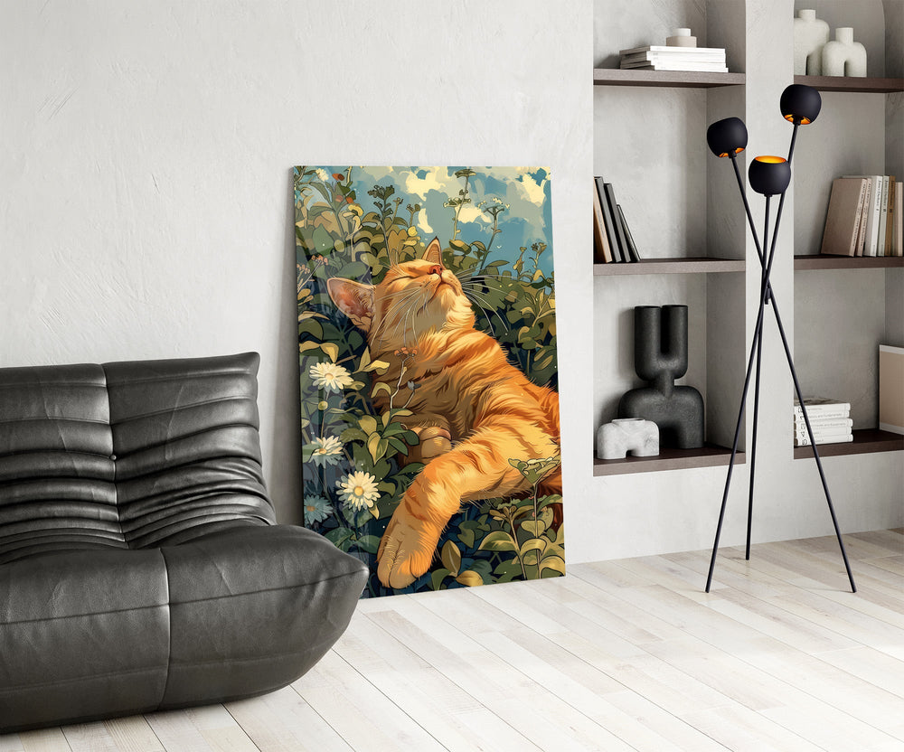 a ginger cat basking in a wildflower meadow glass wall art leaning beside a dark leather sofa