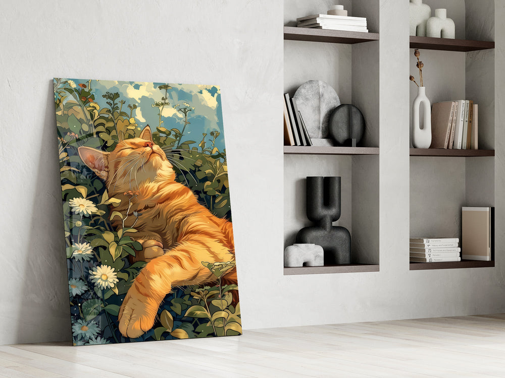 a ginger cat basking in a wildflower meadow panel resting in a shelving niche in a modern interior