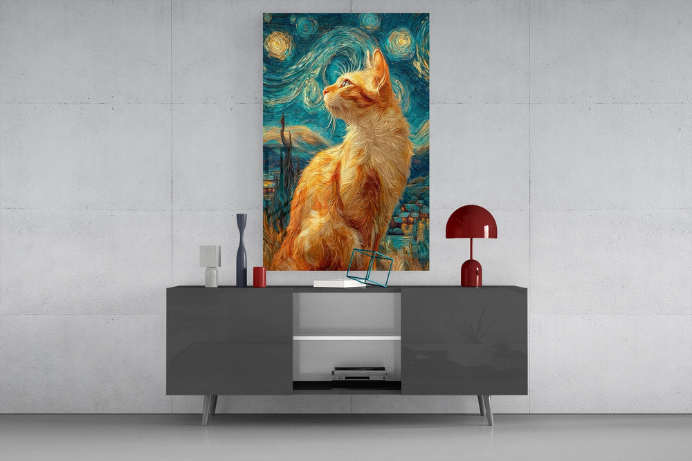 swirling starry night ginger cat glass wall art styled in an atmospheric room setting