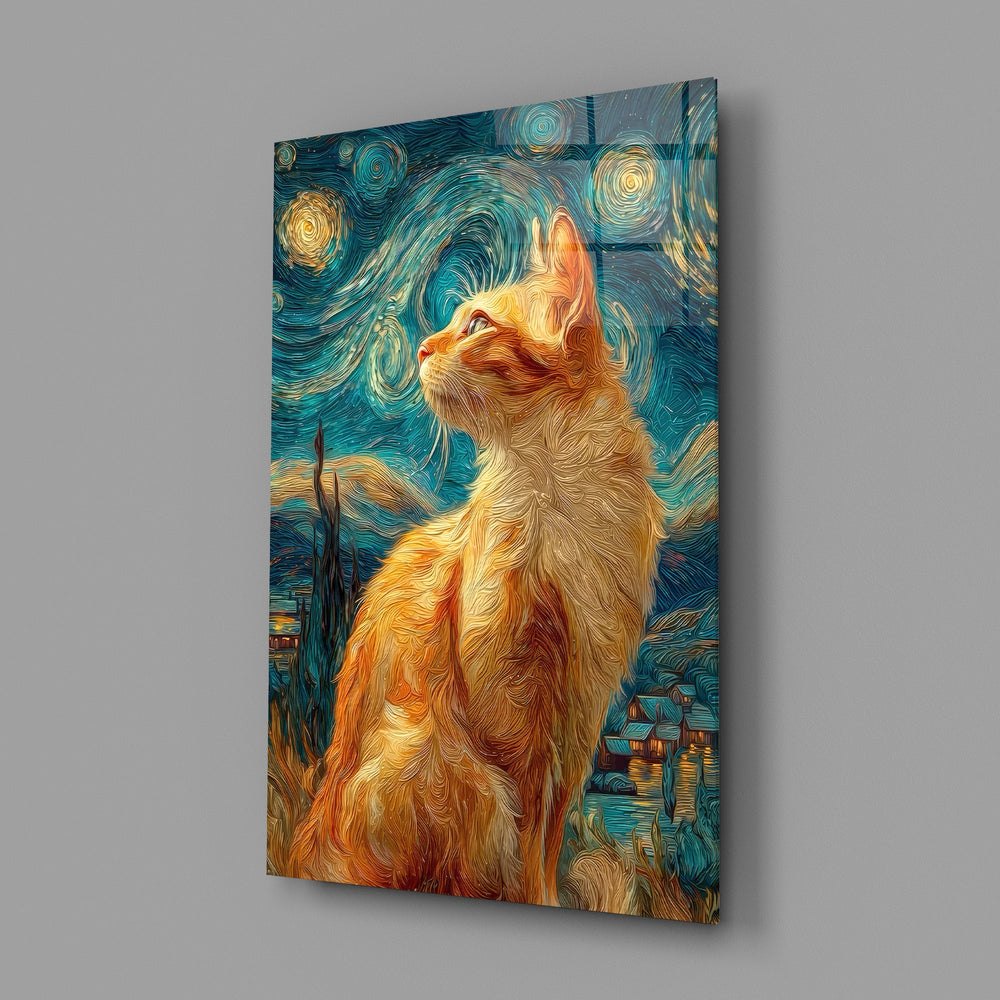 swirling starry night ginger cat glass wall art angled to show the polished tempered glass panel