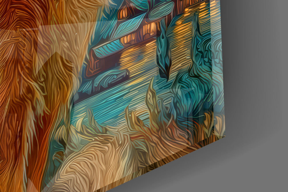Close-up detail of the impasto whiskers and the glowing golden stars overhead on the glass surface