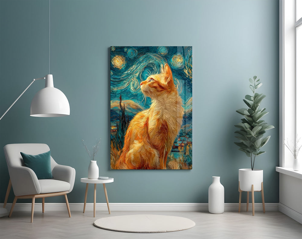 swirling starry night ginger cat glass wall art styled above an armchair in a reading corner